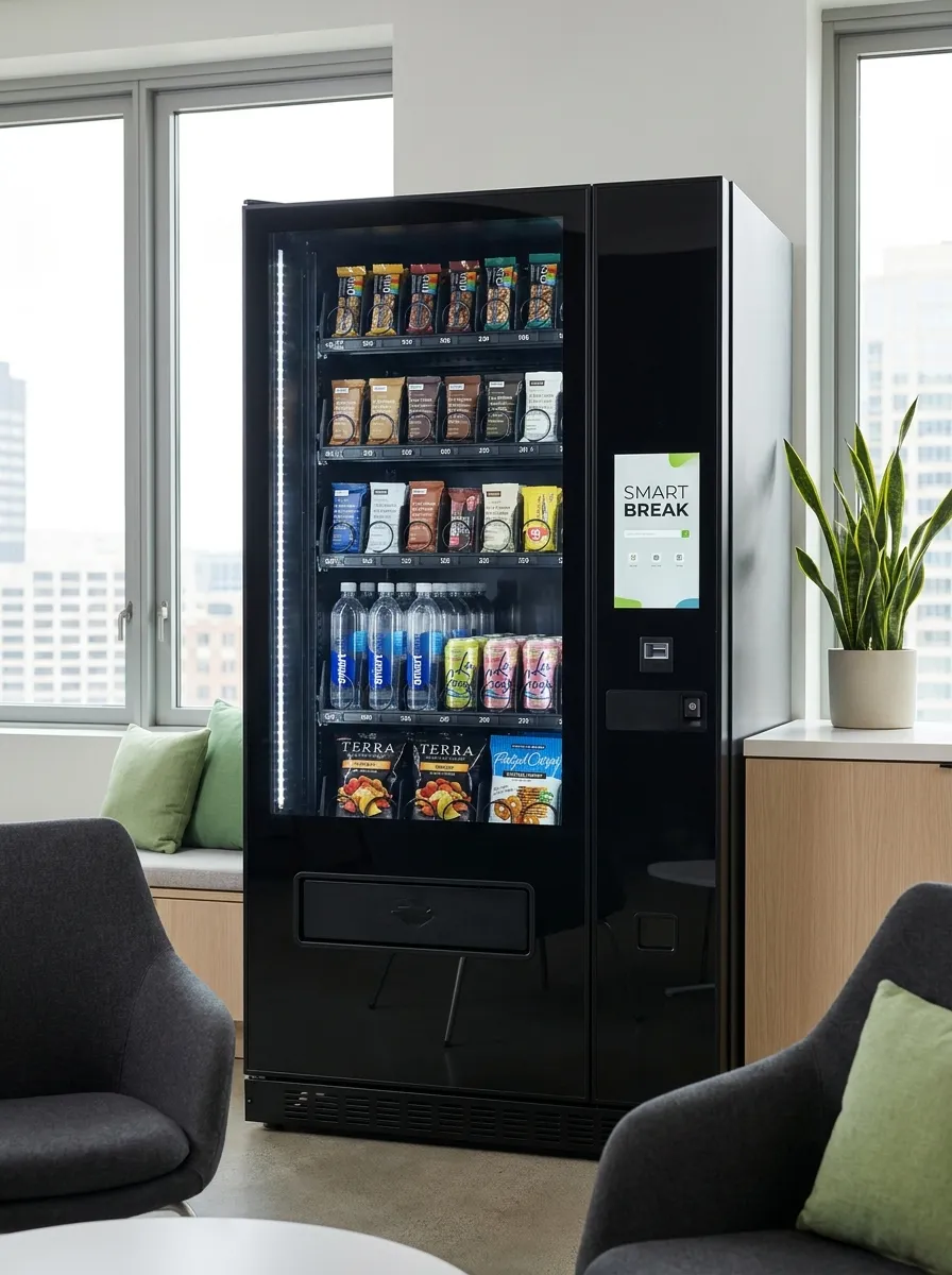 Modern Quicsnax smart vending machine stocked with snacks and drinks in an Atlanta office break room