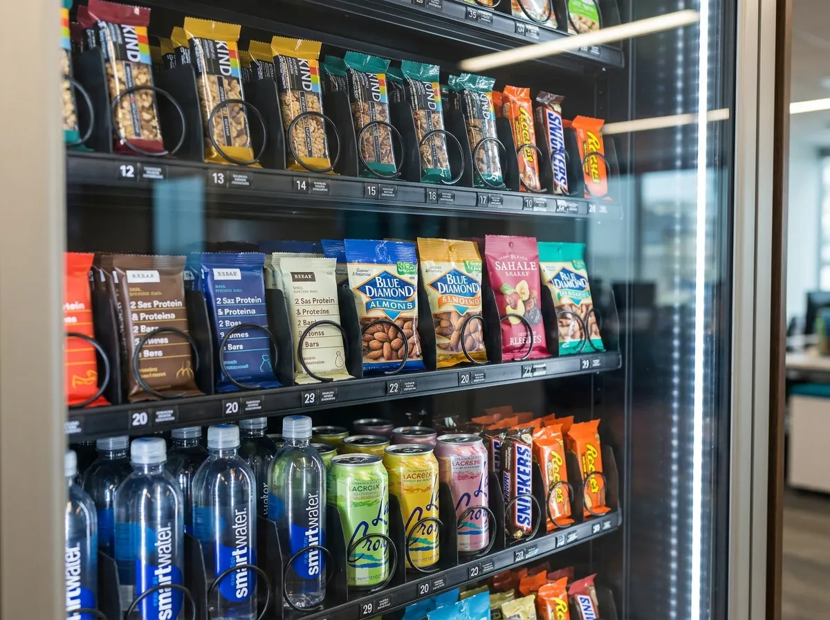 A balanced mix of healthy and classic snacks and drinks stocked in a Quicsnax machine